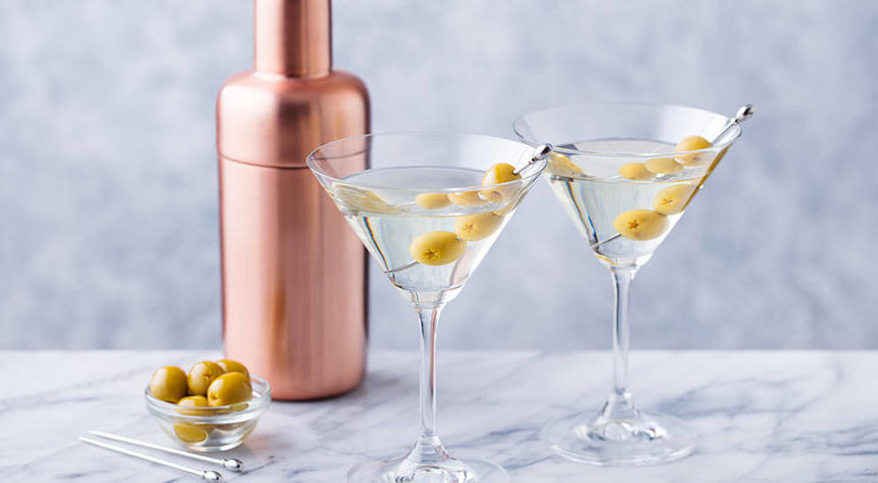 dry martini olives with copper shaker